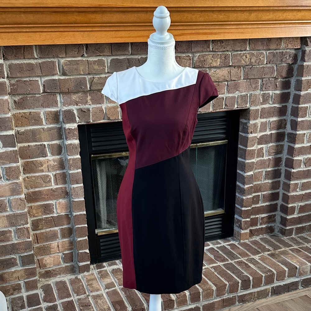 White House Black Market Asymmetrical Colorblock Burgundy Cap SleeveDress Size 6